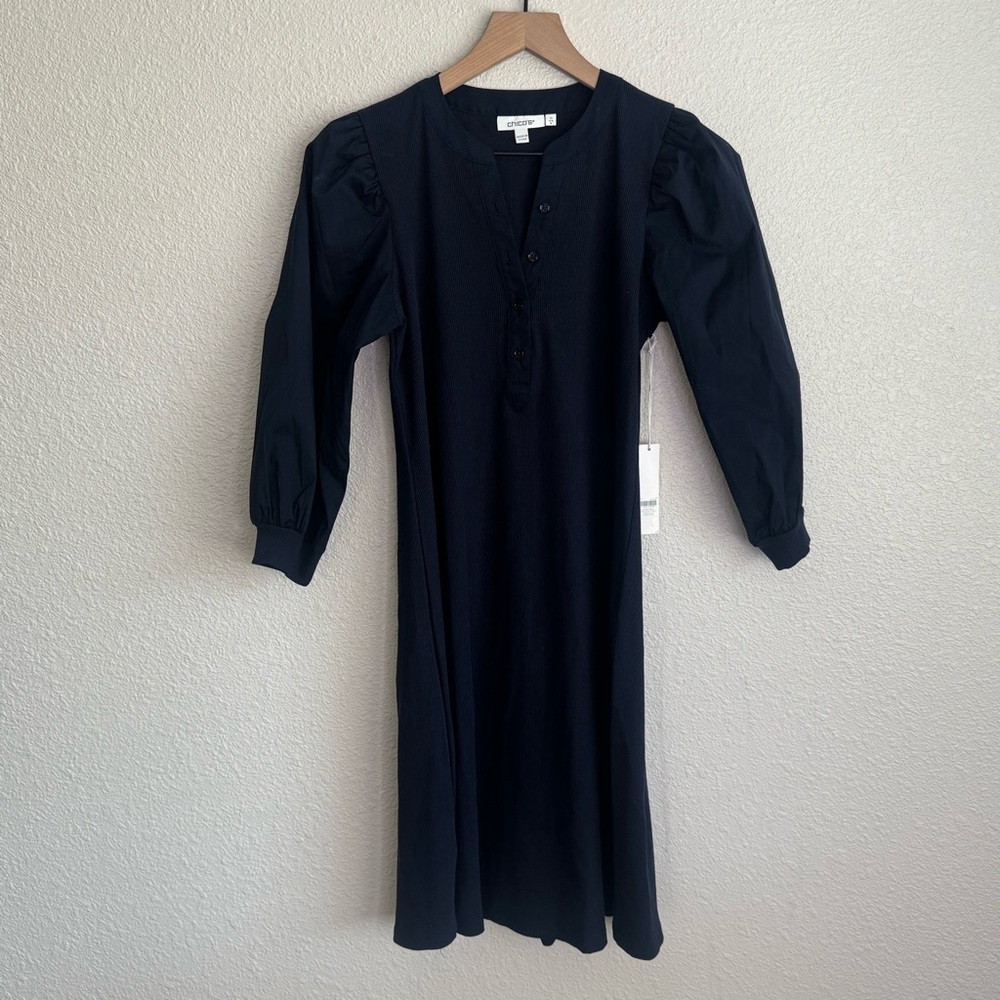 NWT Chico's Womens Size 4 Navy Blue Knit Mix Sleeve Henley Dress Cotton-Stretch